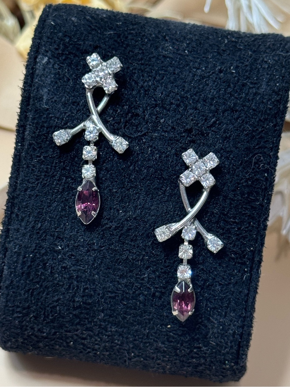 Vintage Silver Tone Purple & Clear Rhinestone Dangle Earrings